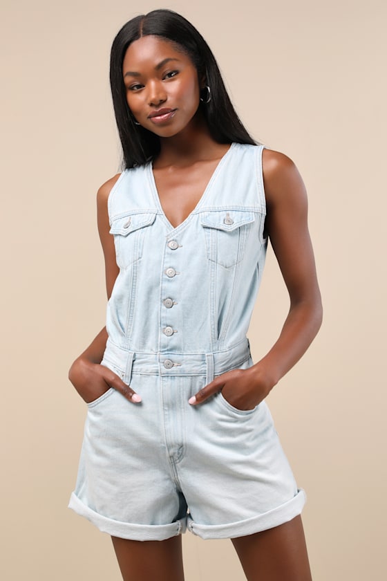 Vest Light Wash Button-Front Denim Romper 1