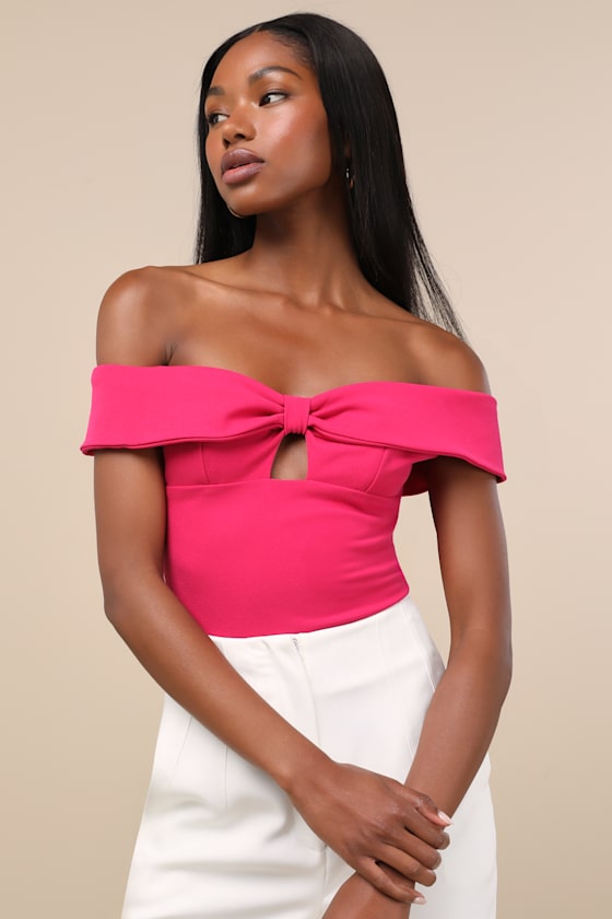 Lulus Wylah Hot Pink Off-the-shoulder Cutout Bodysuit