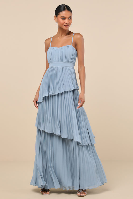 Jehona Dusty Blue Pleated Tiered Maxi Dress