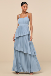 Jehona Dusty Blue Pleated Tiered Maxi Dress