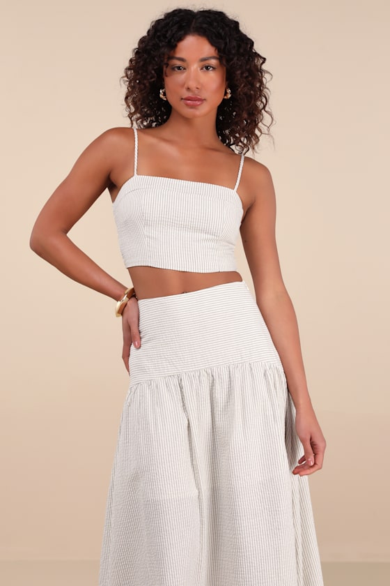 Lulus Sabino Beige Striped Drop Waist Two-piece Midi Dress