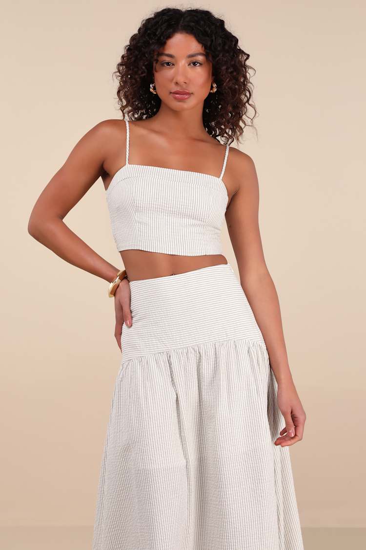 Beige Striped Dress - Two-Piece Midi Dress - Drop Waist Dress - Lulus