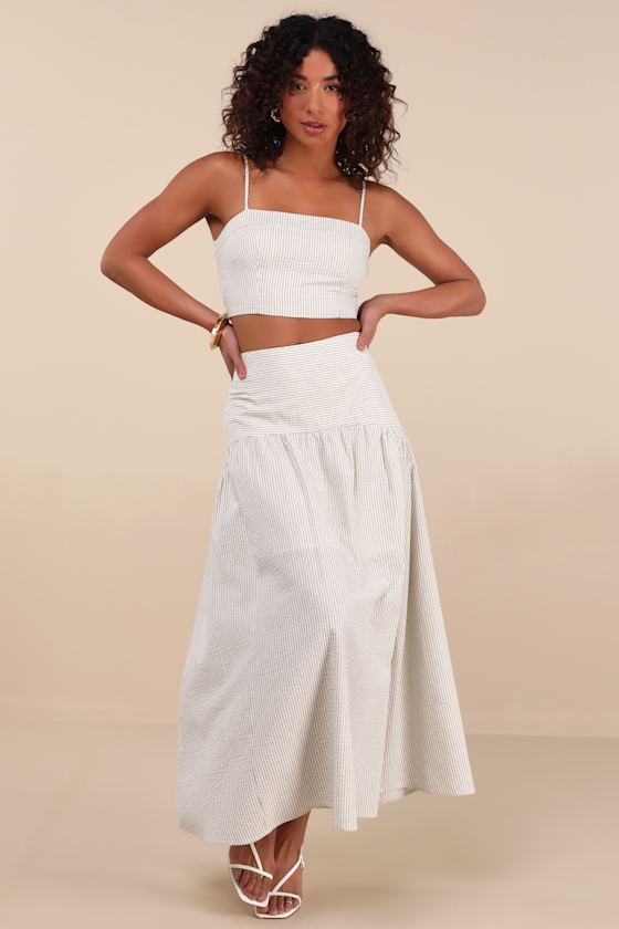 Lulus Sabino Beige Striped Drop Waist Two-piece Midi Dress