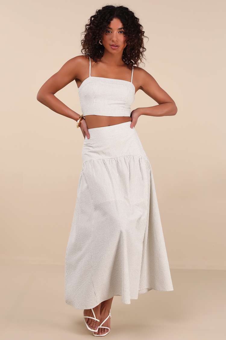 Sabino Beige Striped Drop Waist Two-Piece Midi Dress