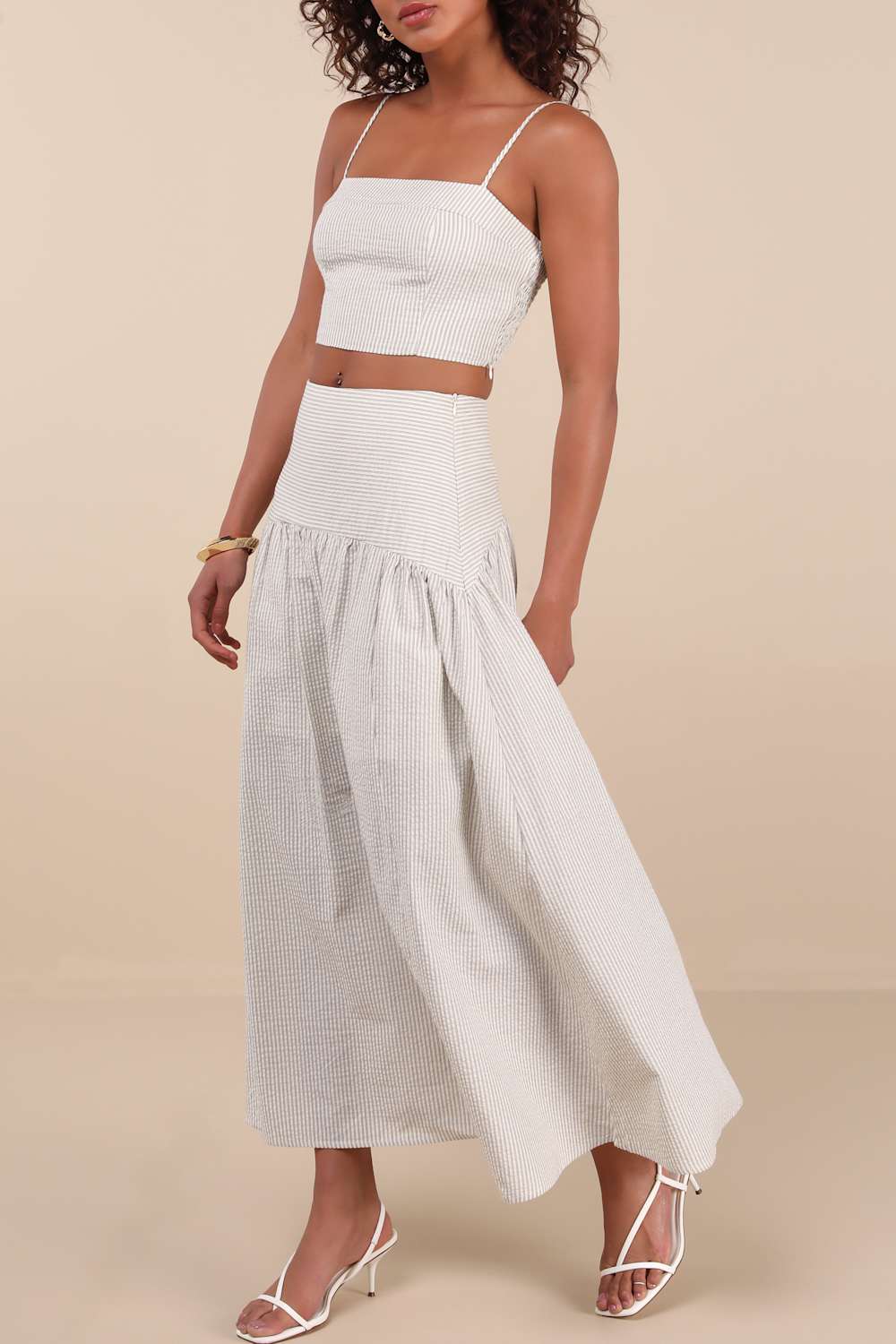 Sabino Beige Striped Drop Waist Two-Piece Midi Dress