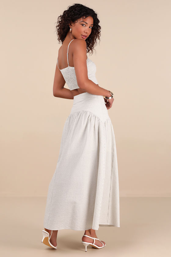 Lulus Sabino Beige Striped Drop Waist Two-piece Midi Dress