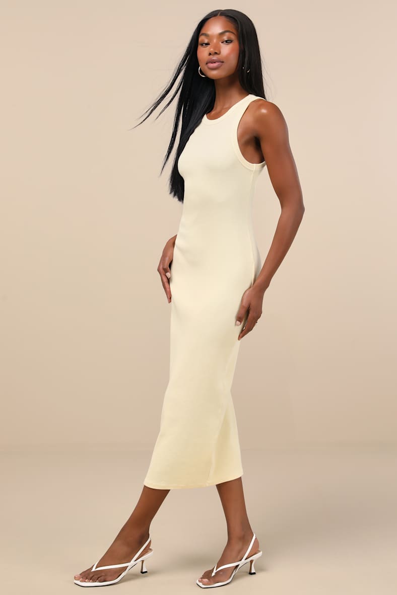 Majorly Trendy Light Yellow Ribbed Bodycon Midi Dress