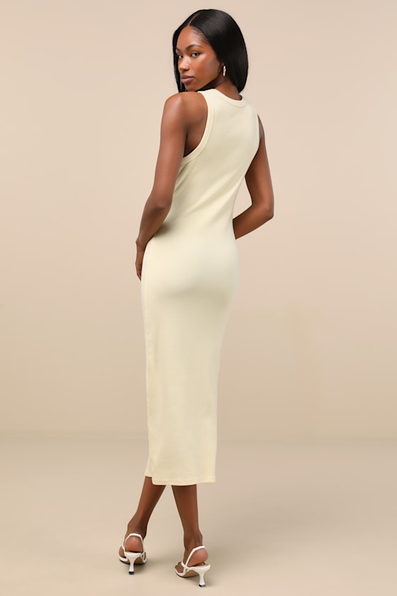 Lulus Majorly Trendy Light Yellow Ribbed Bodycon Midi Dress In Neutral