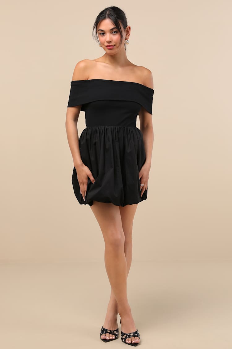 Launi Black Mixed Media Off-the-Shoulder Mini Dress