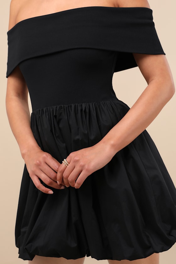Lulus Launi Black Mixed Media Off-the-shoulder Mini Dress