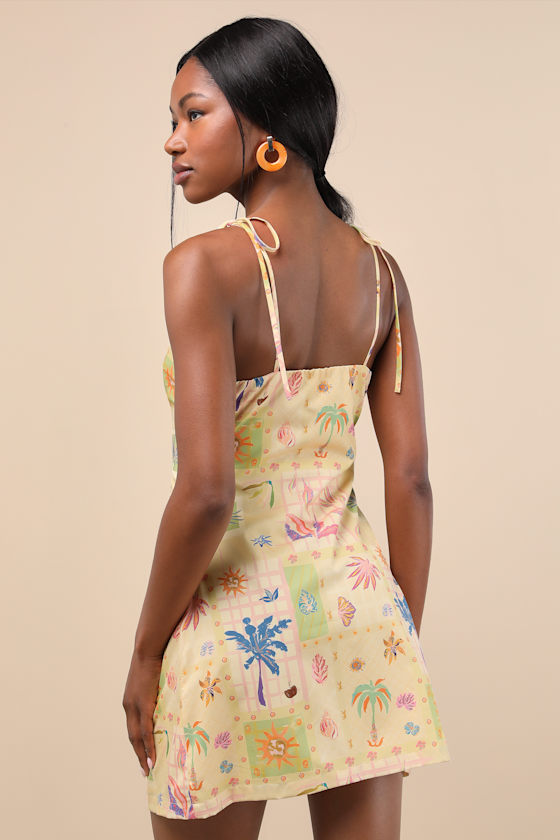 Lulus Harmonia Yellow Tropical Print Tie-strap Mini Dress