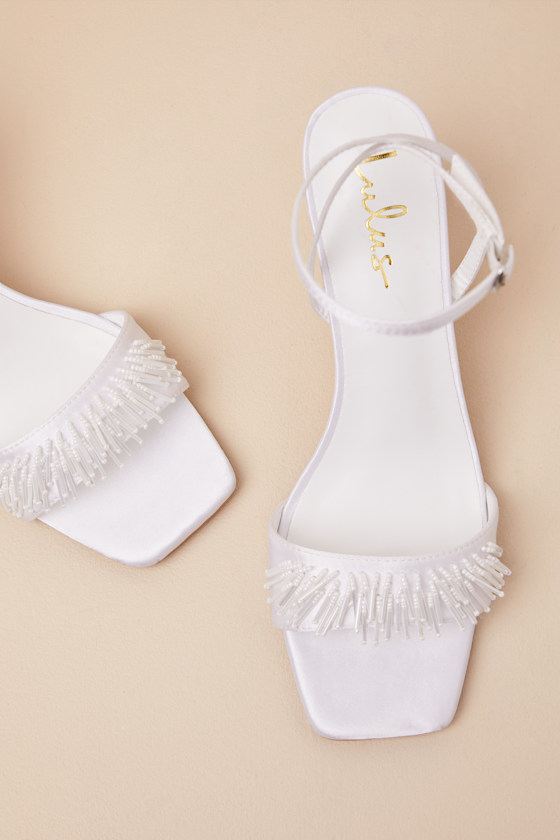 LULUS ADDIA WHITE SATIN BEADED FRINGE HIGH HEEL SANDALS