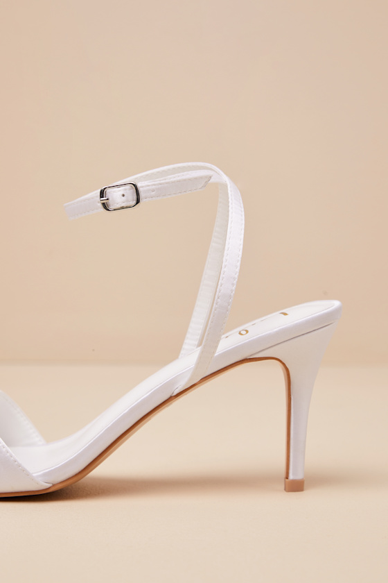 LULUS ADDIA WHITE SATIN BEADED FRINGE HIGH HEEL SANDALS