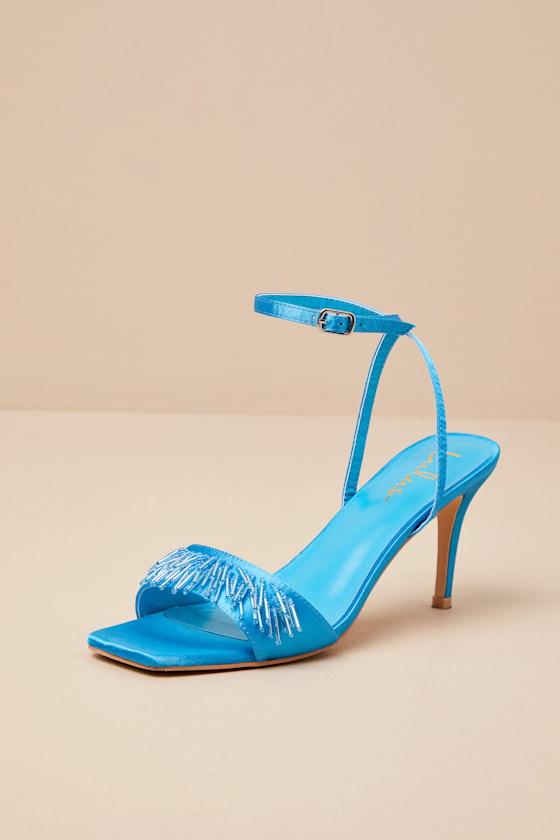 Addia Turquoise Satin Beaded Fringe High Heel Sandals 2