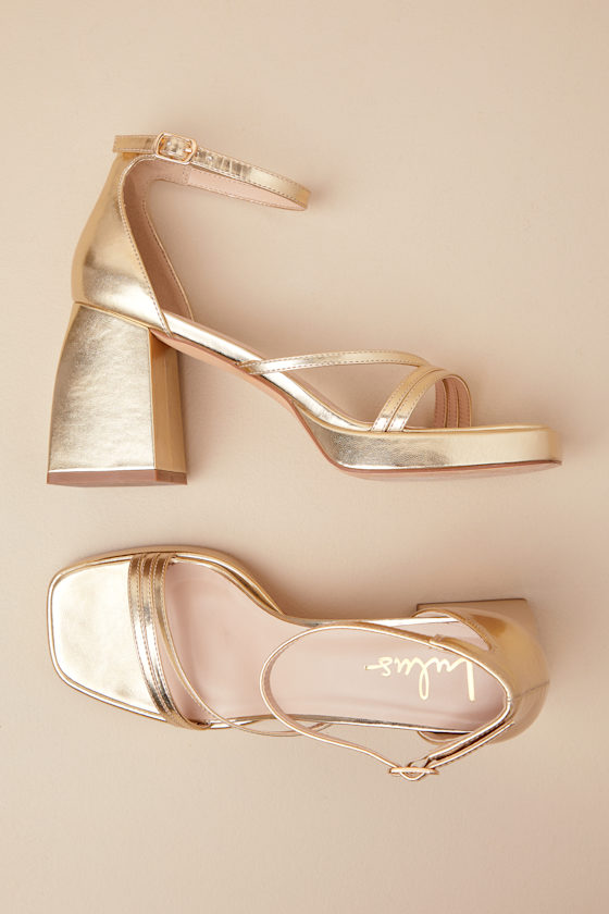 Lulus Antinea Gold Metallic Platform Ankle Strap High Heel Sandals In Gold
