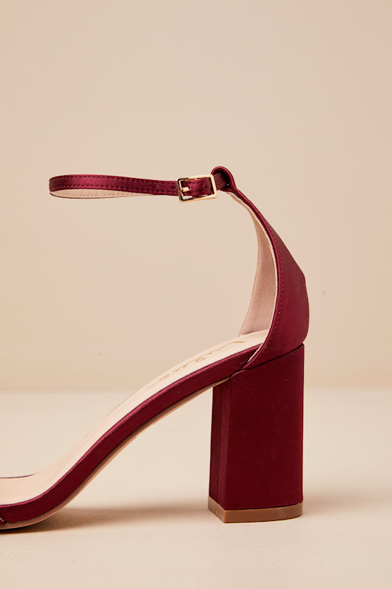 Lulus Arylee Sangria Satin Ankle Strap Heels In Red