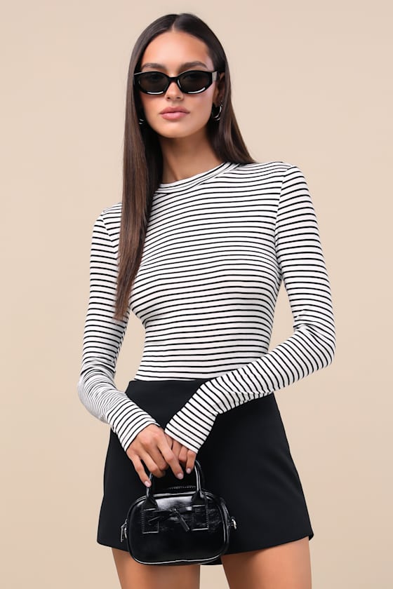 White Striped Top - Long Sleeve Bodycon Top - Mock Neck Top