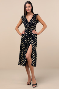 Cause to Celebrate Black and Gold Dot Ruffled Tiered Midi Dress