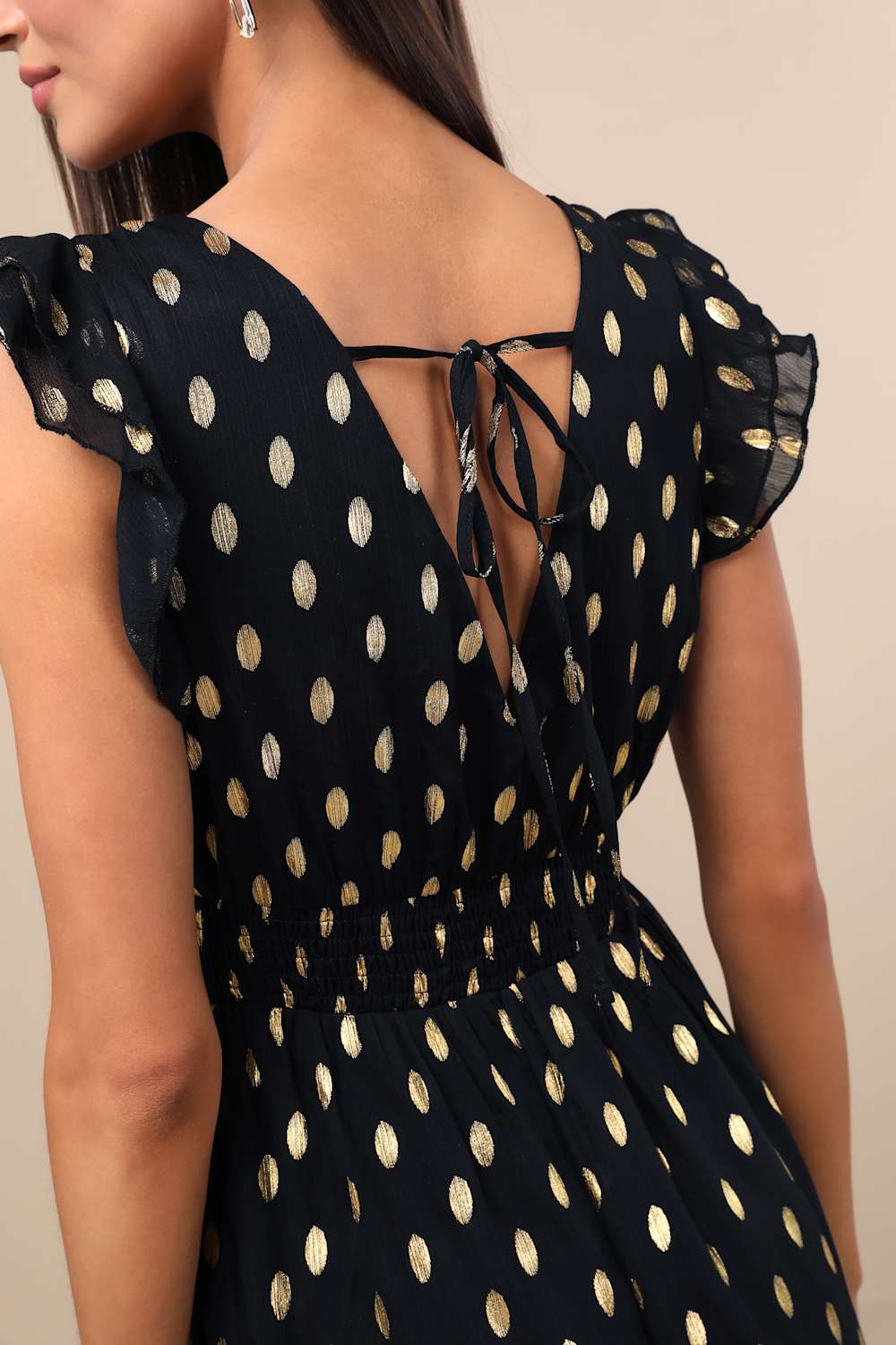 Cause to Celebrate Black and Gold Dot Ruffled Tiered Midi Dress