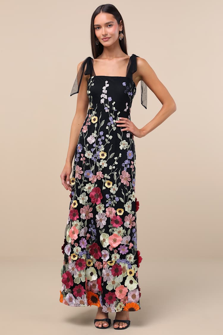 Thriving Poise Black 3D Floral Embroidered Tie-Strap Maxi Dress