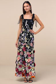 Thriving Poise Black 3D Floral Embroidered Tie-Strap Maxi Dress 10