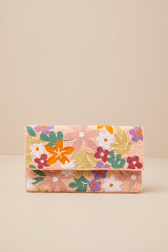 Shop Lulus Lisanne Peach Multi Floral Beaded Clutch
