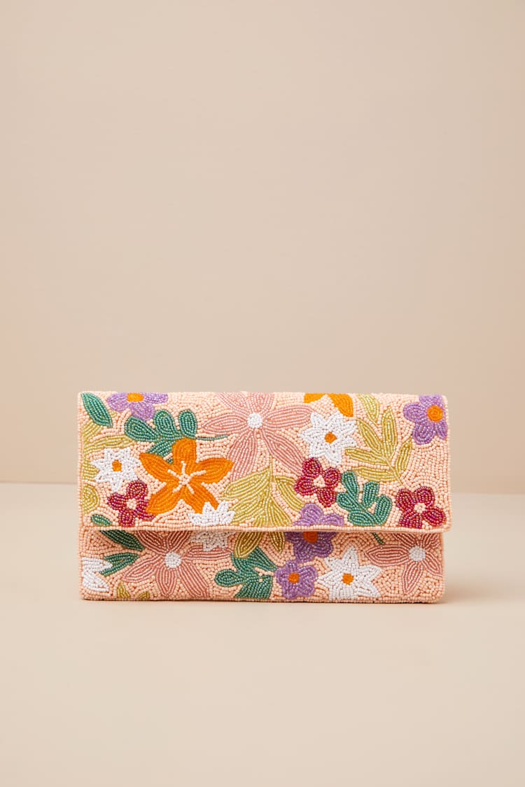 Lisanne Peach Multi Floral Beaded Clutch