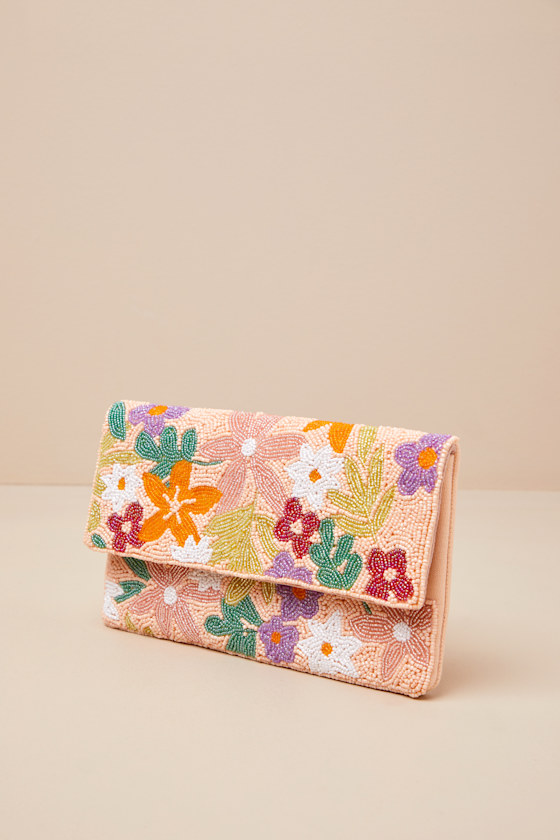 Shop Lulus Lisanne Peach Multi Floral Beaded Clutch
