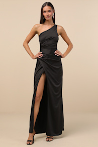 Dreaming of Elegance Black Satin One-Shoulder Maxi Dress 10