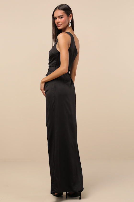 Black Maxi Dress - Satin Maxi Dress - One-Shoulder Maxi Dress - Image 3