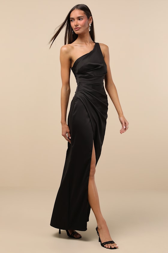Black Maxi Dress - Satin Maxi Dress - One-Shoulder Maxi Dress - Image 4