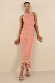 Marama Coral Orange Crochet Sleeveless Fringe Midi Dress 1