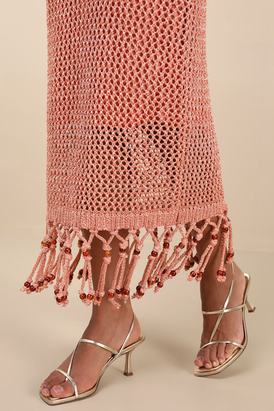 Lulus Marama Shiny Coral Crochet Sleeveless Fringe Midi Dress