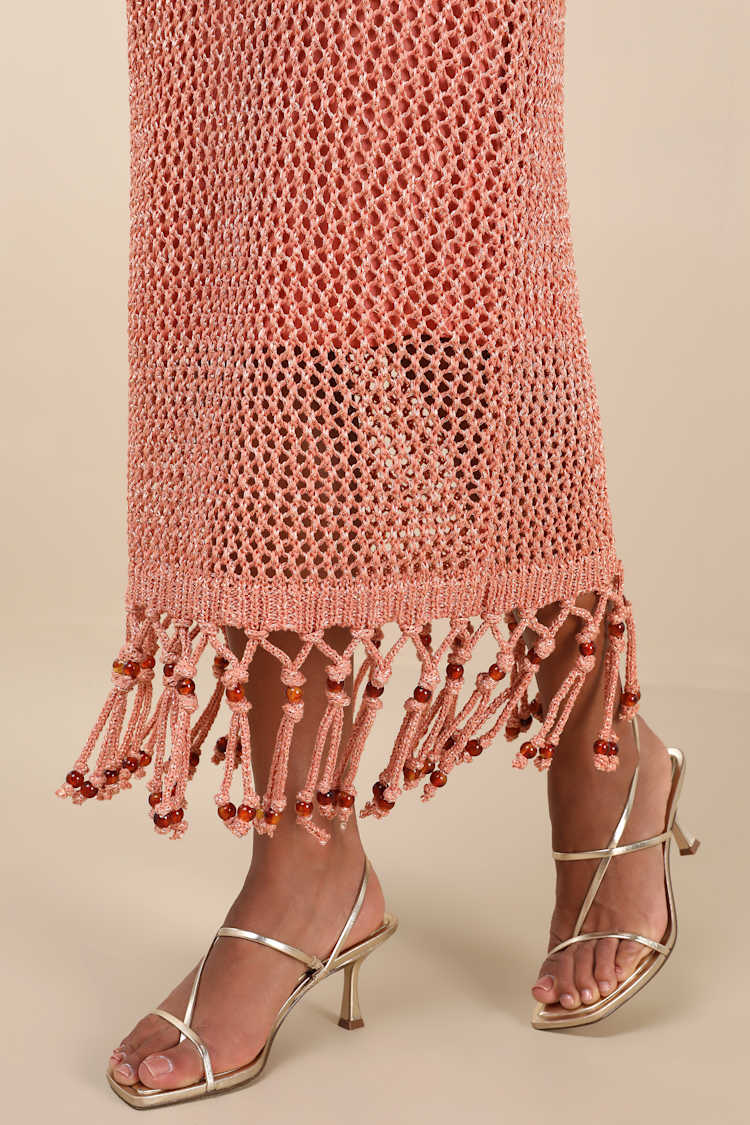 Marama Shiny Coral Crochet Sleeveless Fringe Midi Dress