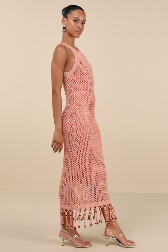 Lulus Marama Shiny Coral Crochet Sleeveless Fringe Midi Dress
