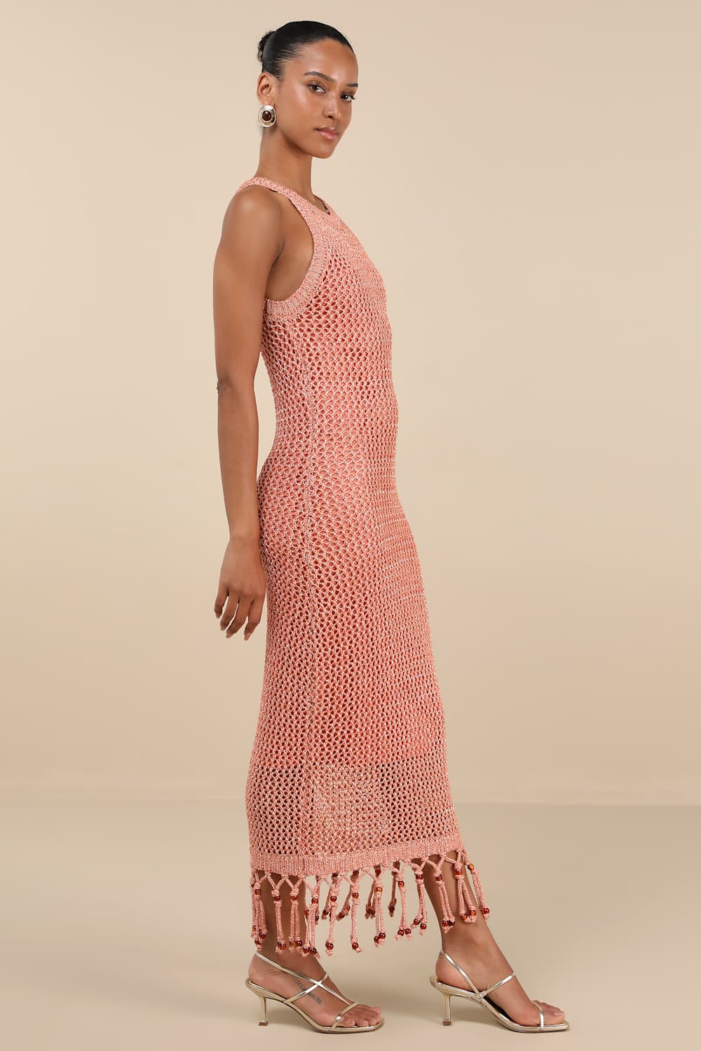 Marama Shiny Coral Crochet Sleeveless Fringe Midi Dress