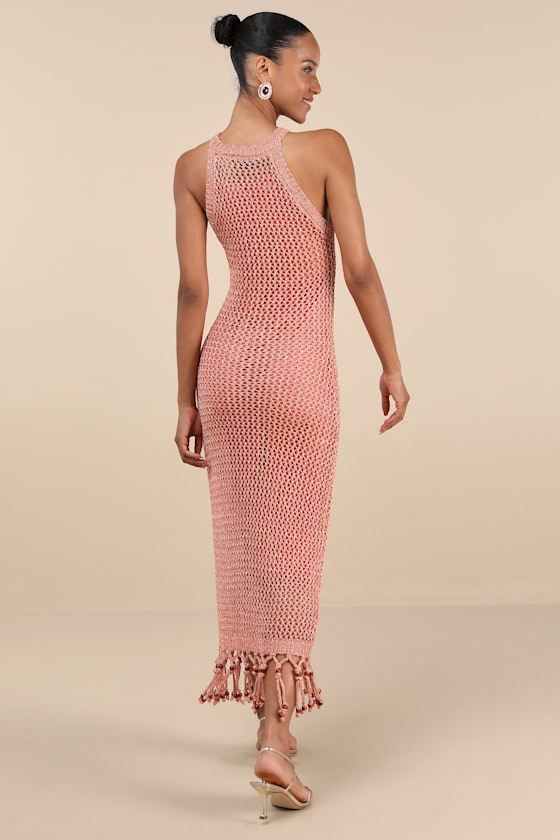 Lulus Marama Shiny Coral Crochet Sleeveless Fringe Midi Dress