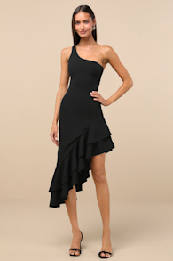 Steal a Glance Black One-Shoulder Asymmetrical Midi Dress 7