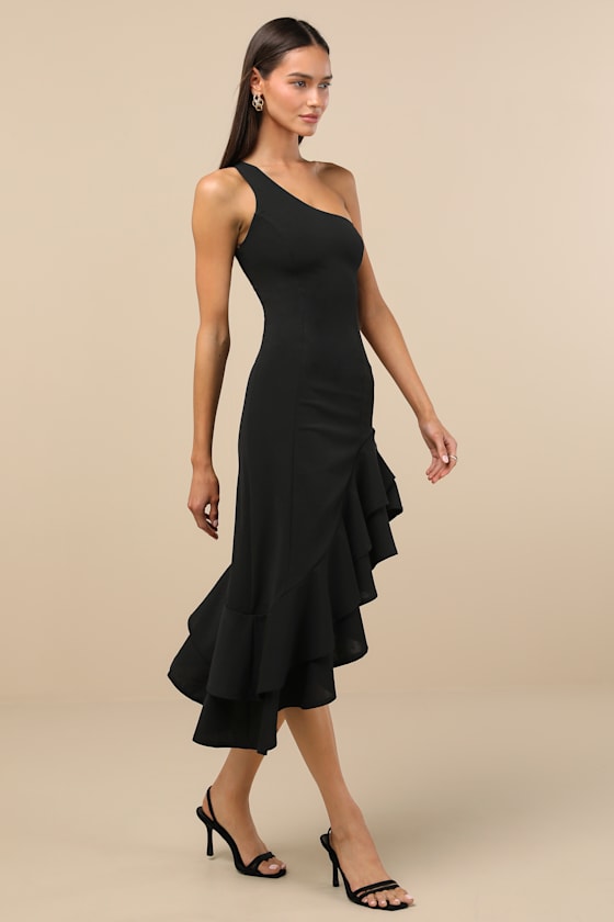 Steal a Glance Black One-Shoulder Asymmetrical Midi Dress 8
