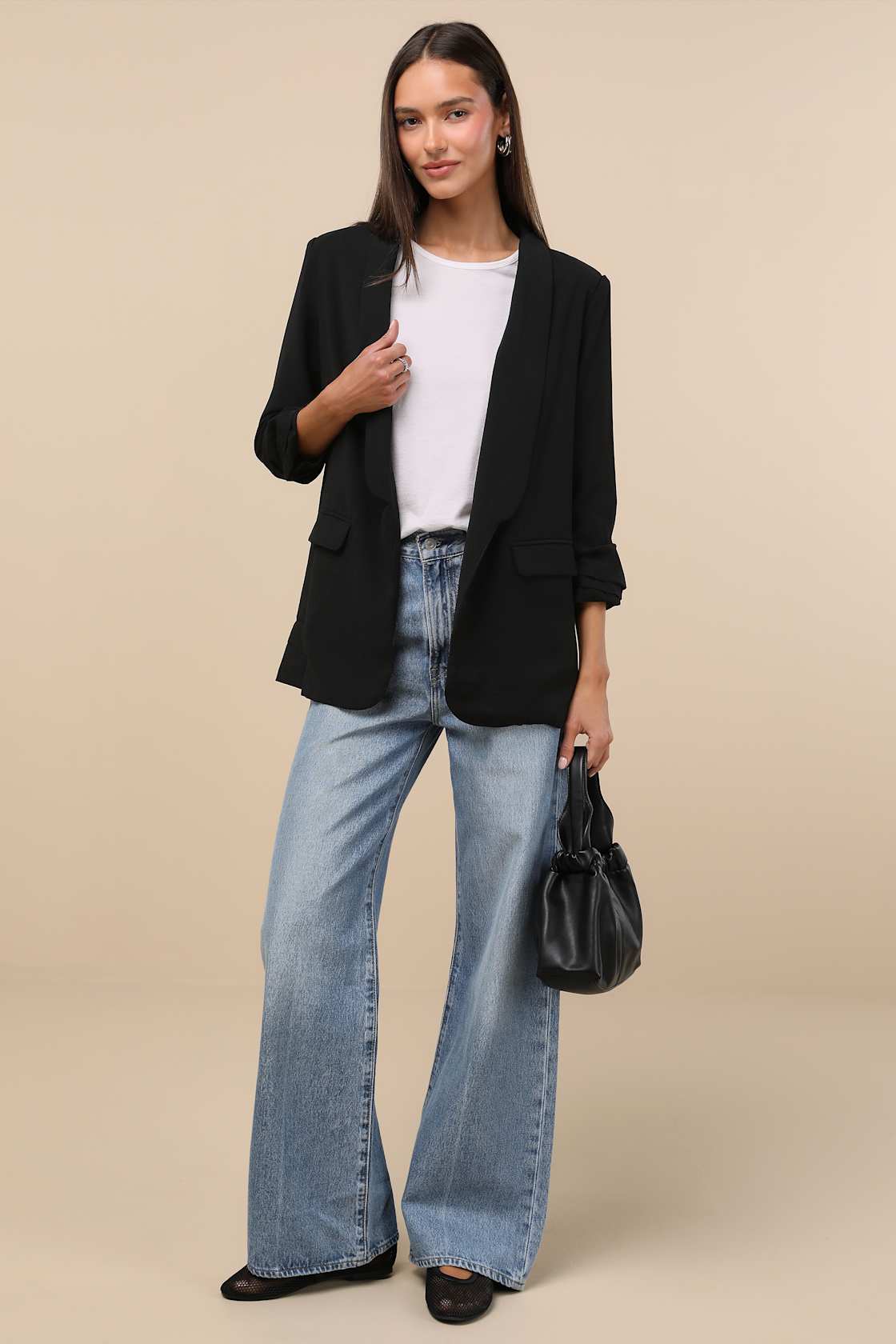 Superior Aesthetic Black Three-Quarter Sleeve Ruched Blazer