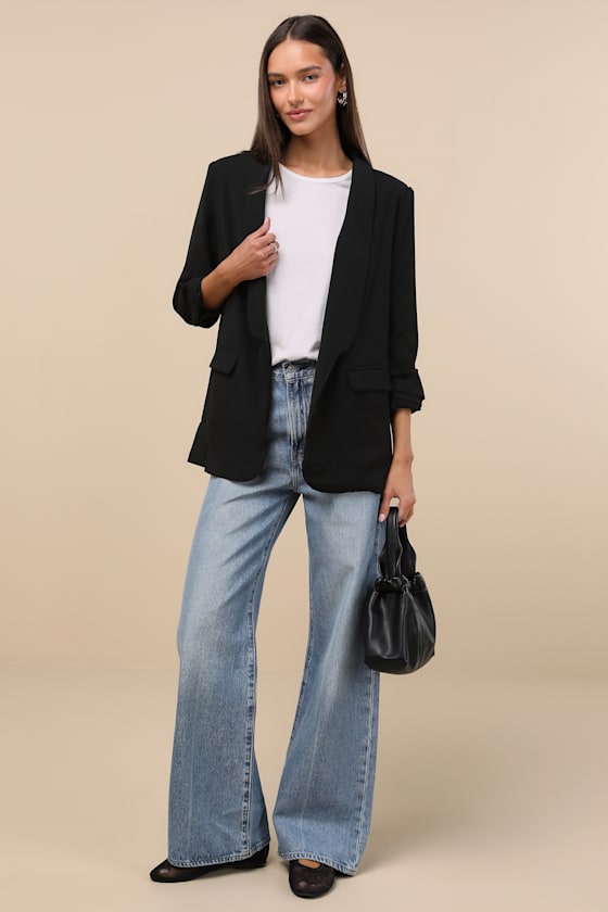 Superior Aesthetic Black Three-Quarter Sleeve Ruched Blazer 7