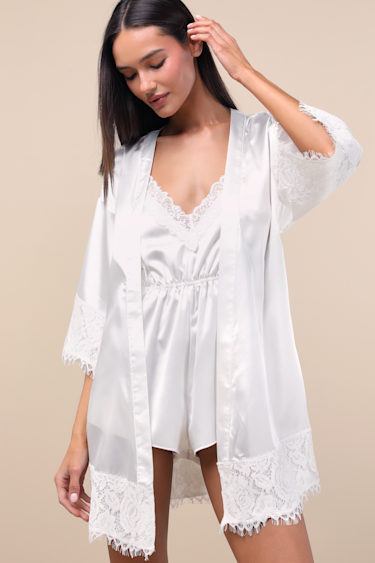 Ivory Satin Robe Lace-Trimmed Satin Robe Short Satin Robe Lulus