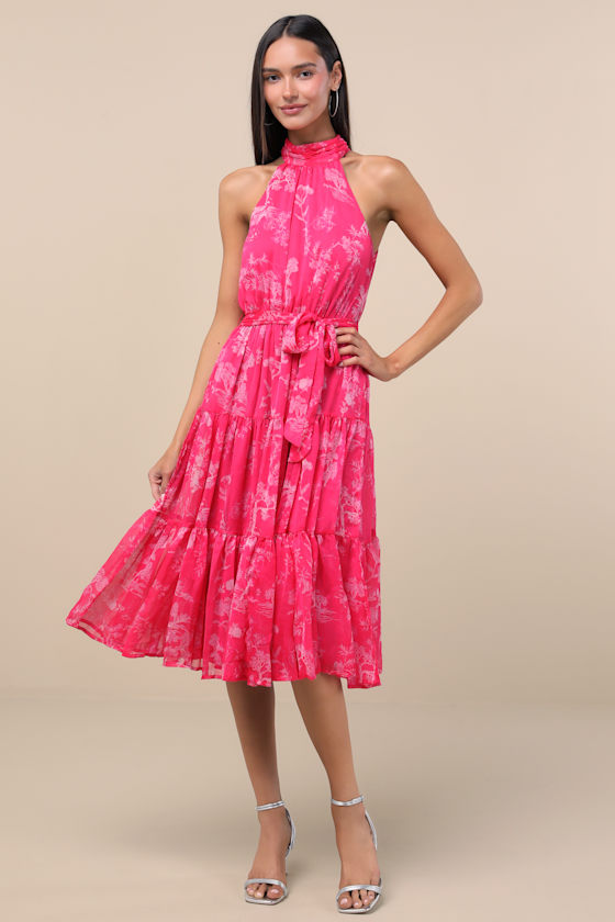 Float to You Hot Pink Floral Print Halter-Neck Tiered Midi Dress