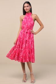 Float to You Hot Pink Floral Print Halter-Neck Tiered Midi Dress 9
