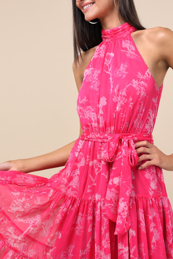 Float to You Hot Pink Floral Print Halter-Neck Tiered Midi Dress
