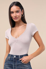 Required Style Beige Textured Ribbed Ruched Bodysuit 5