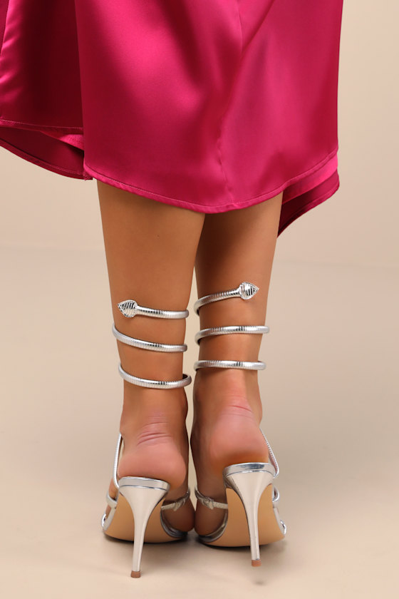 Lulus Gerogette Silver Metallic High Heel Ankle Wrap Sandals