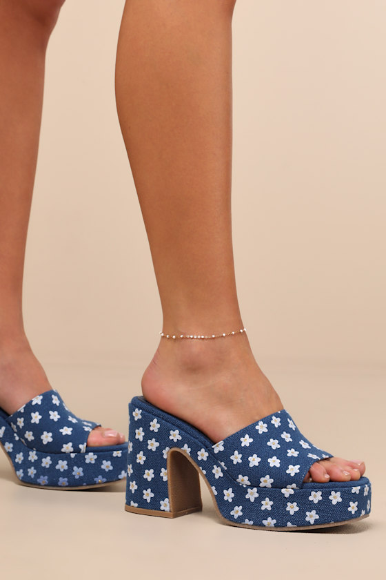 Lulus Drexel Blue Floral Platform Slide Sandals