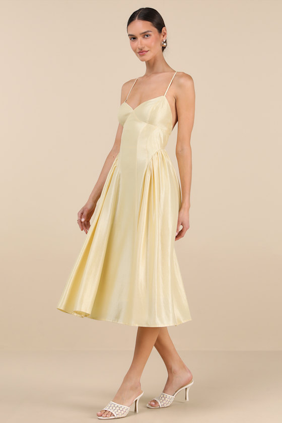 Lulus Paride Shiny Light Yellow Gathered Lace-up Midi Dress