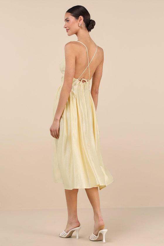 Lulus Paride Shiny Light Yellow Gathered Lace-up Midi Dress